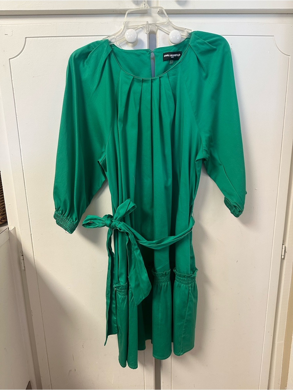 Karl Lagerfeld Green Pleated Tie-Waist Dress